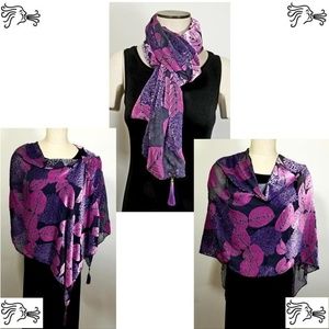 Purple Gray Burnout Velvet Poncho Scarf Tassels